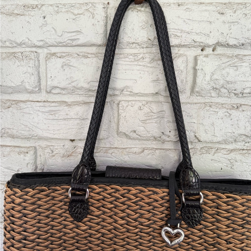 Vintage Brighton Straw & Leather Purse Tote Bag Woven Braided Straps-Tan Black - Picture 5 of 16